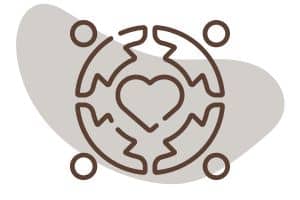 A line drawing of a globe with a heart in the center, surrounded by four small circles, set against a soft gray abstract shape.