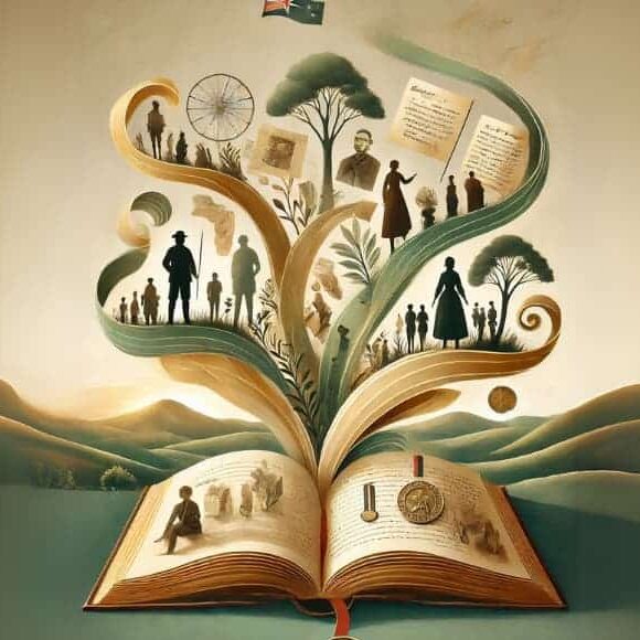 An open book emits swirling illustrations of people, trees, documents, medals, and a flag, symbolizing historical events and genealogy.