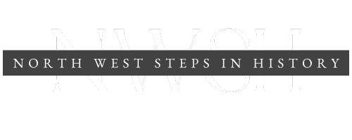 A dark gray banner with white text that reads ?NORTH WEST STEPS IN HISTORY? over faint large initials ?NWSH? in the background.